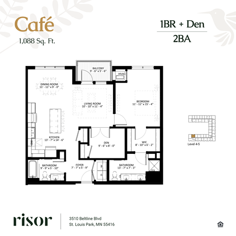Floor plan for 1 bed, 2 baths, 1088 sqft